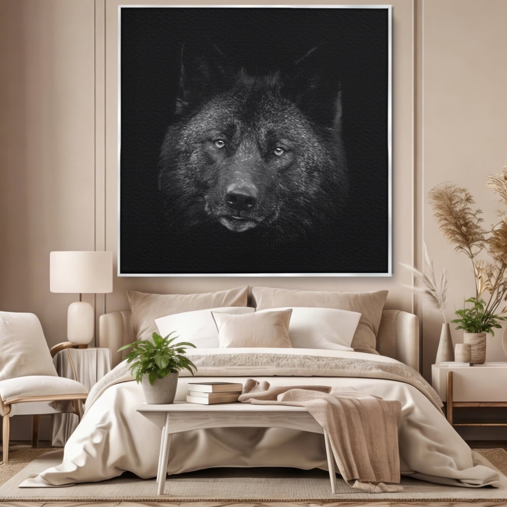 Tablou canvas cu tablou canvas cu portret de lup negru, in rama de aluminiu argintiu, pe perete intr-un dormitor